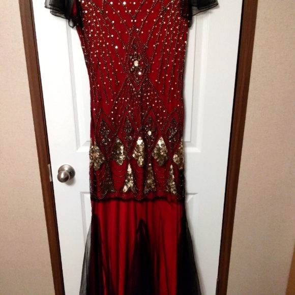 JDLSPPL Women's Red&Black Gatsby Evening Dress Sequin Maxi Flutter Sleeve Gown S - Picture 11 of 12
